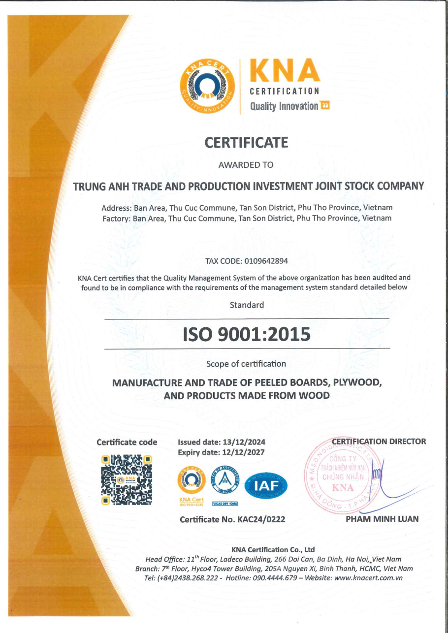 Chứng chỉ ISO9001 Trung Anh EN